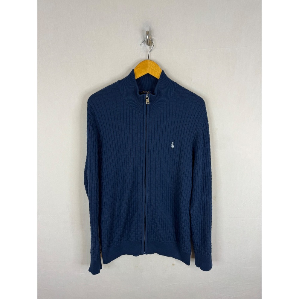 Polo Ralph Lauren Mens XL Navy Blue Full Zip Cotton Basket Weave Knit Sweater